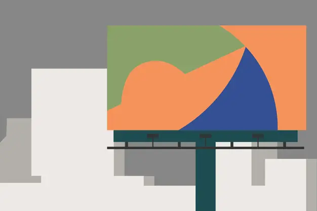 Illustration of a billboard against a muted cityscape background with simplified building shapes in light gray and beige. The billboard features an abstract design with overlapping shapes in green, orange, and blue, creating a curved, dynamic composition. The sky is a solid gray, and the overall style is minimalist with a subdued color palette.