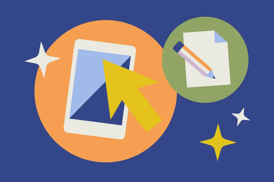 image of a phone with yellow arrow and a memo pad with pen